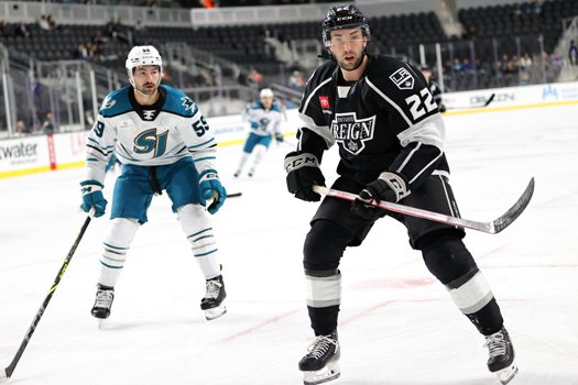 Alan Quine (22) follows the puck into the corner in front of Barracuda's defenseman Nick Cicek (59)