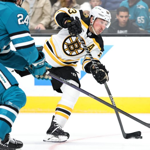 Bruins forward Brad Marchand (63) takes a shot on goal