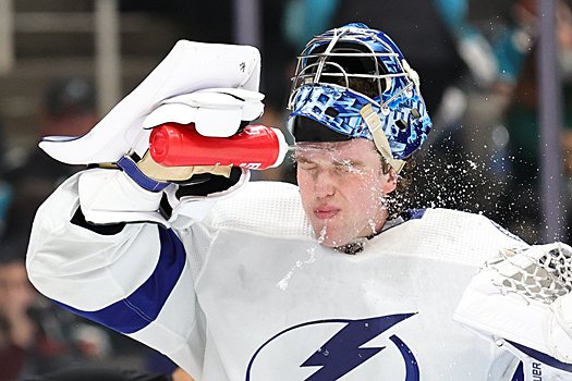 Lightning goalie Andrei Vasilevskiy (88) cools off during a break in 2nd period action