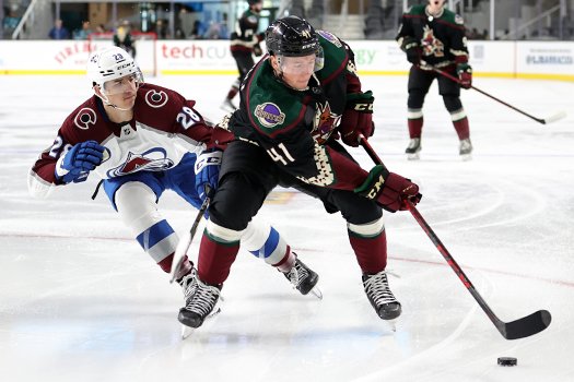 Reece Vitelli (41) controls the puck as Mikael Diotte (28) defends
